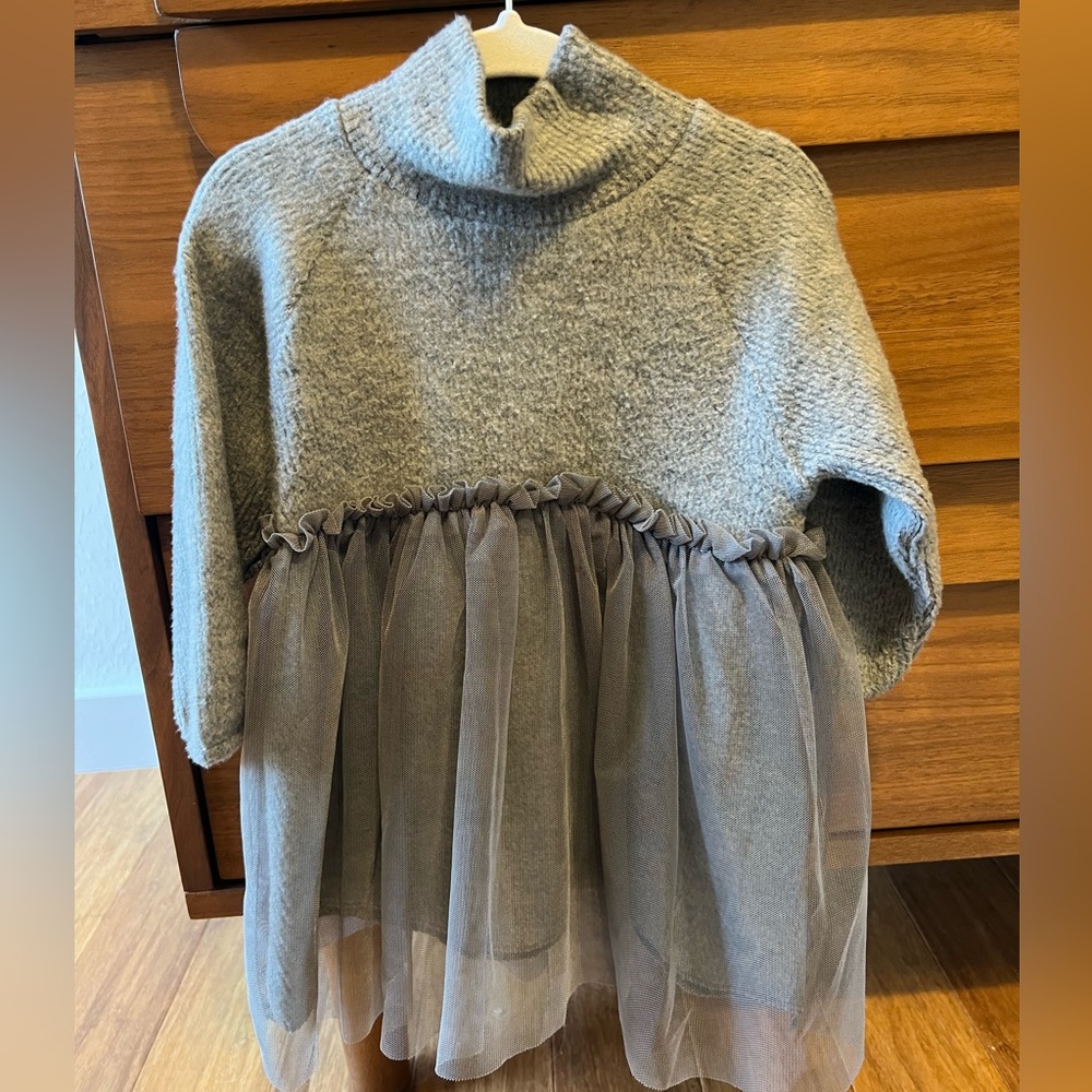 Zara Gray Knit and Tulle Kids Dress